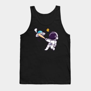 Cute Astronaut Smash UFO With Baseball Stick Cartoon Tank Top
